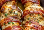 Bacon Wrapped Garlic Parmesan Chicken served on a white plate with herbs