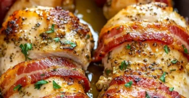 Bacon Wrapped Garlic Parmesan Chicken served on a white plate with herbs