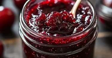 Jar of Cherry-Black Pepper Fire Jam showcasing its rich color and texture.
