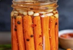 A jar of hot honey pickled carrots with vibrant colors and spices inside.