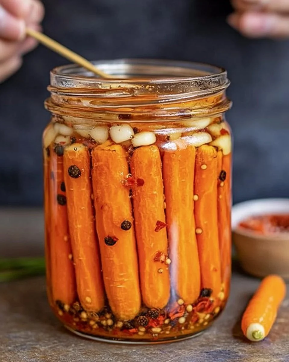 A jar of hot honey pickled carrots with vibrant colors and spices inside.